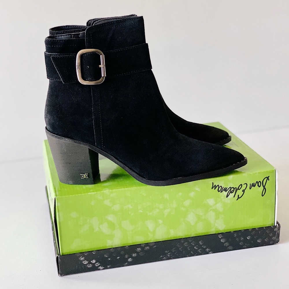 ✨New SAM EDELMAN Leonia Buckle Suede Heel Booties - Picture 2 of 8